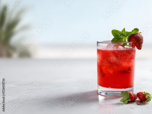 Strawberry juice in glass with mint garnish, white surface and open space above