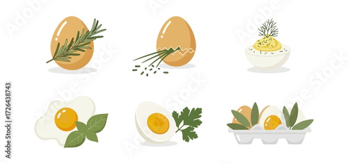 Various cooked eggs with herbs