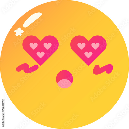 Heart eyes emoji with joyful expression, featuring pink heart shaped eyes and small open mouth, conveying love or admiration. bright yellow face adds cheerful vibe