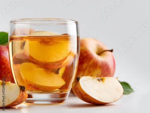 Apple juice in clear glass with apple slices, clean background, and open top space for text or branding.