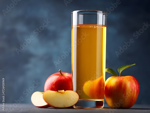 Apple juice in clear glass with apple slices, clean background, and open top space for text or branding.