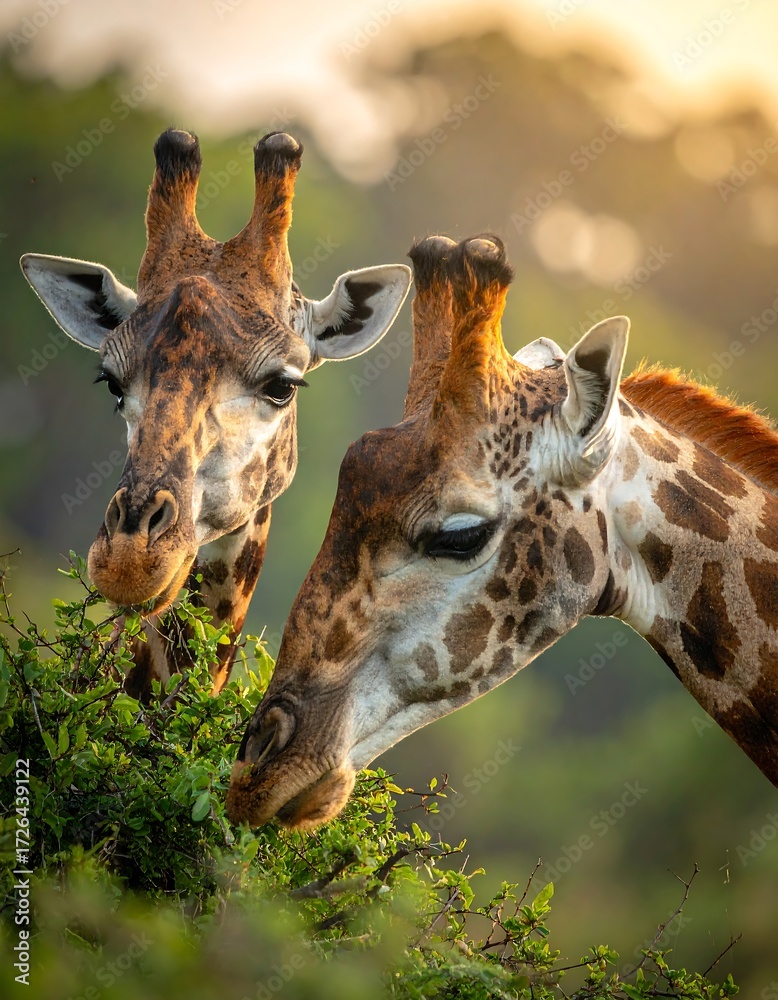 Obraz premium Two giraffes graze peacefully on green foliage during golden hour, their heads close together