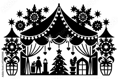Vector art of christmas market stall illustration in black and white