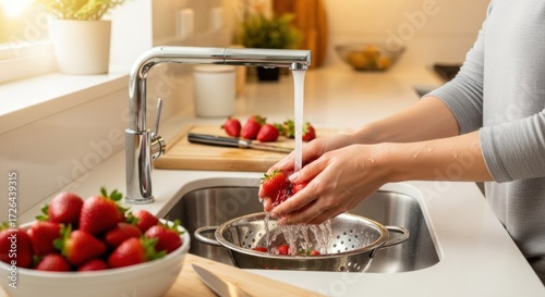 A person washing strawberries in a kitchen sink.