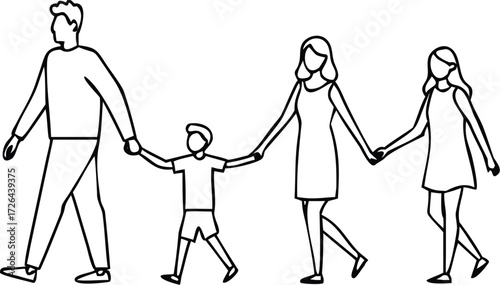Unity in Line: A loving family, depicted in minimalist black and white, walks hand in hand, their connection a testament to the enduring bonds of kinship.