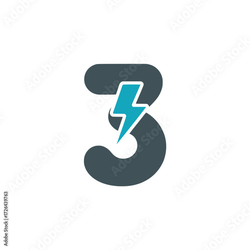 Number three icon with electric lightning bolt, Modern number three design integrated with a bold blue lightning bolt, representing energy, technology, speed, and digital innovation.

