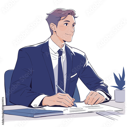 A well-dressed man sits at a desk, focused on writing notes on paper. He looks confident and engaged in his work, surrounded by a simple office setup.