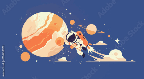 An astronaut in a spacesuit is floating in outer space, surrounded by planets and stars. Jupiters colorful surface is prominently featured in the background.