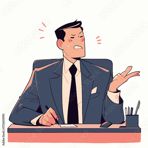 A businessman sits at his desk, looking frustrated while speaking animatedly. Papers, a pen, and office supplies are visible, showing signs of a tense discussion.