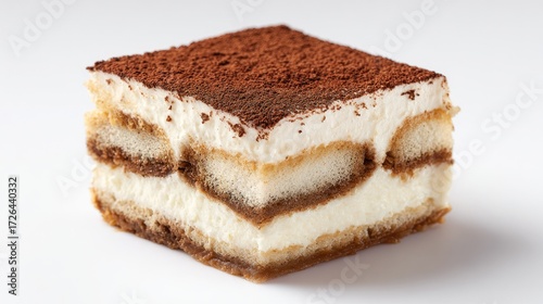 Close-up of a slice of tiramisu.