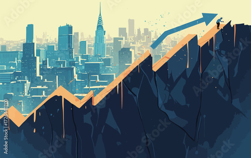 A climber makes their way up a steep mountain while a city skyline is visible in the background during sunset. The contrasting colors create a dramatic atmosphere.