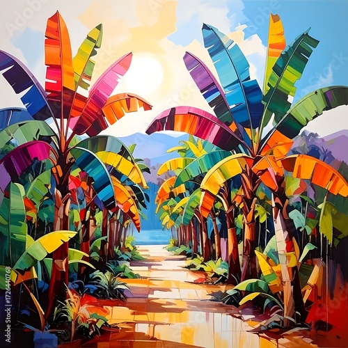 Vibrant path lined with rainbow banana trees leading to a distant, sunlit landscape