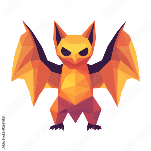 Low-poly geometric bat icon in orange and yellow tones, perfect for websites/blogs about gaming, Halloween, crypto art, or digital design.

