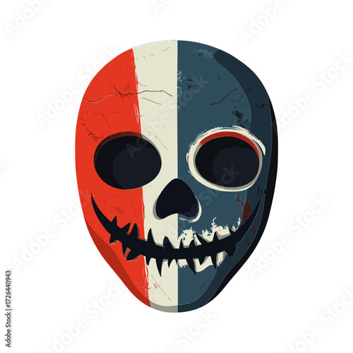 A skull mask split in half with a red, white, and dark blue design. Use this icon for gaming, Halloween, street art, or political commentary websites and blogs.

