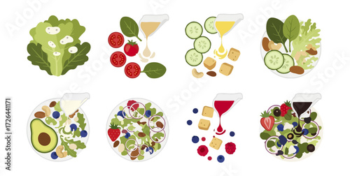 Various salad dishes with dressings
