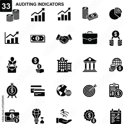 Financial auditing and business growth icon set