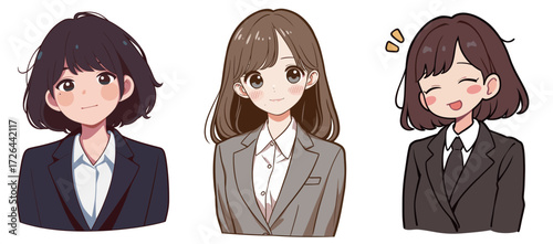 Three young women stand confidently, each wearing different styles of business attire. Their hairstyles vary, representing unique personalities and professionalism.
