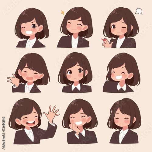 A young businesswoman displays a range of nine expressions. She smiles, winks, and shows enthusiasm while dressed in a suit against a light backdrop.