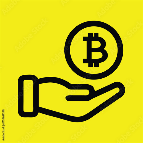 Bitcoin Exchange Icon – Hand Offering Crypto Symbol on Yellow Background