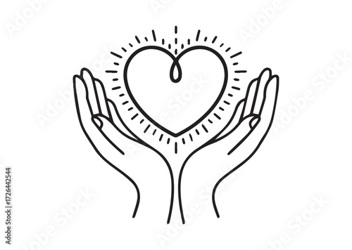 Heart in palms line art vector, Heart in palms Icon