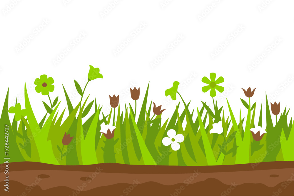 Fototapeta premium Vibrant Vector Illustration Cheerful Grass and Flower Garden for Springtime Joy
