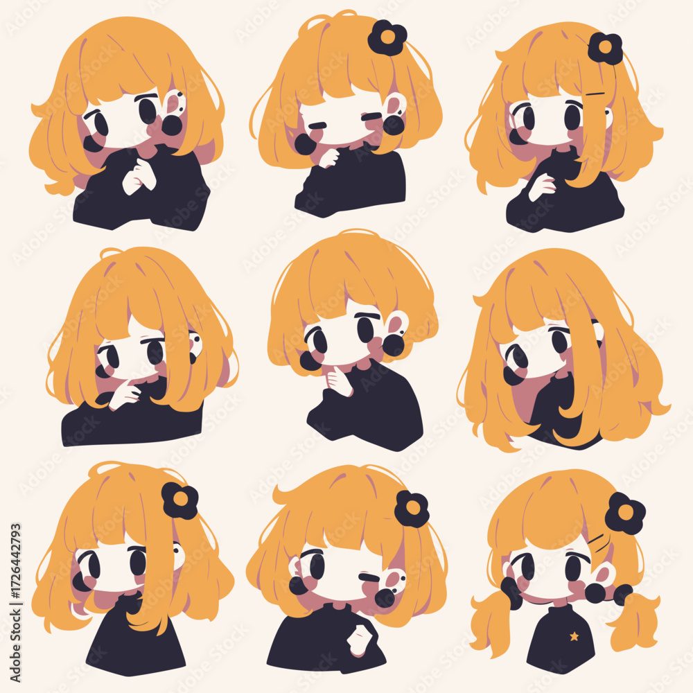 Obraz premium A colorful collection of a cute character with bright yellow hair, displaying different expressions and poses. Each design showcases unique styles and emotions.