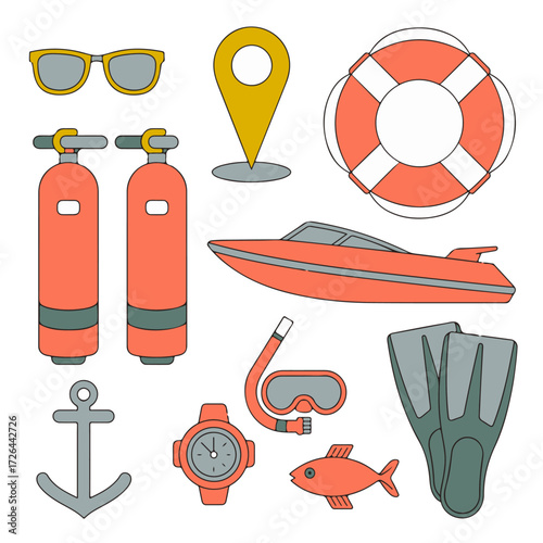 A vibrant collection of flat line art icons depicting sea travel and water sports essentials for a summer holiday, featuring a speedboat, scuba tanks, and diving accessories