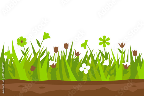 Vibrant Vector Illustration Cheerful Grass and Flower Garden for Springtime Joy