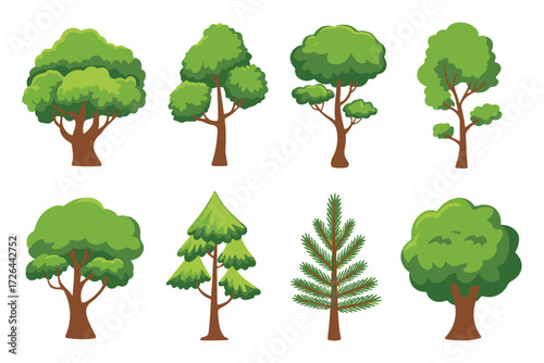 Collection of diverse green trees with lush foliage, ideal for illustrating nature, seasons, and environmental concepts