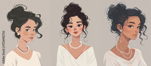 Three artistic portraits feature a young woman with curly hair styled in an elegant bun. She wears a white outfit and pearls, showcasing her beauty and charm.