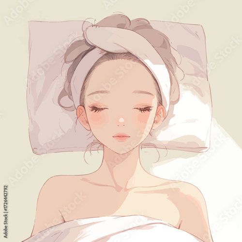 A young woman with a headband lies peacefully in bed, her eyes closed and a serene expression on her face, illuminated by soft natural light.