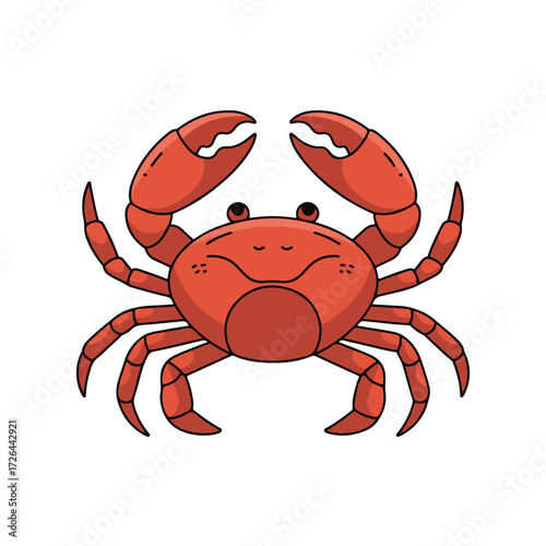 Cute red cartoon crab with big claws smiling happily. A simple vector illustration of a friendly marine crustacean isolated on a white background