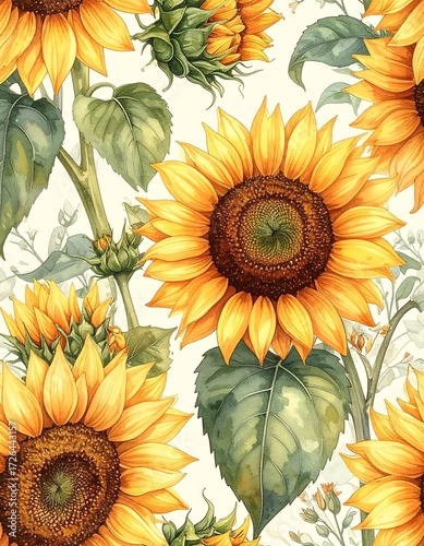 Vibrant sunflowers and leaves on a white background, a botanical illustration