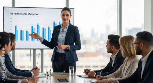 A businesswoman giving a presentation in a conference room with a large screen displaying a bar graph.