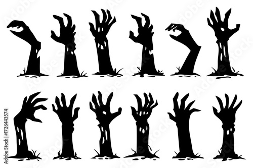 Zombie Hands Silhouette Vector Set with Creepy Horror Elements