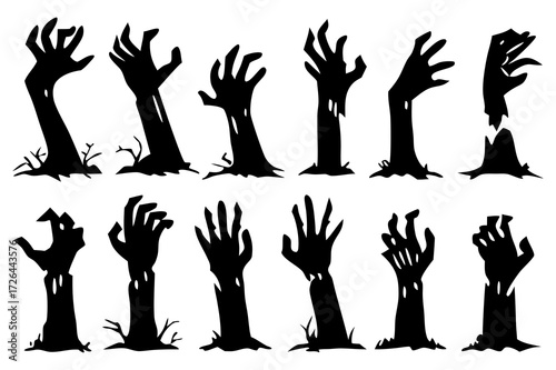 Zombie Hands Silhouette Vector Set with Creepy Horror Elements
