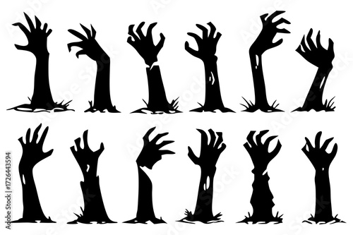 Zombie Hands Silhouette Vector Set with Creepy Horror Elements