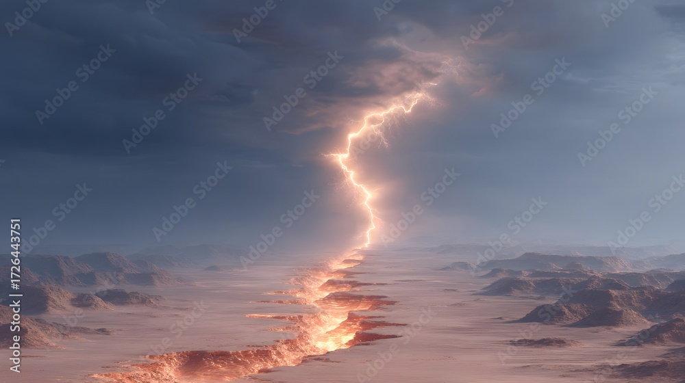 Fototapeta premium cinematic surreal desert landscape split by a massive lightning strike