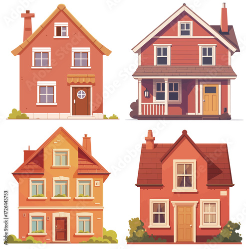 Charming houses showcase various architectural styles and colors, surrounded by green bushes in a lively neighborhood setting. The scene is bright and inviting.