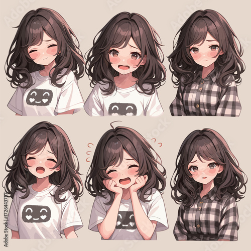 A girl showcases different facial expressions in a series of illustrations, wearing casual outfits with playful designs.