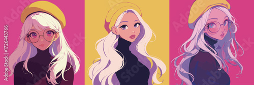 Three portraits of a fashionable girl with long hair, wearing glasses and a yellow beret. Each portrait features a different background color, creating a lively atmosphere.