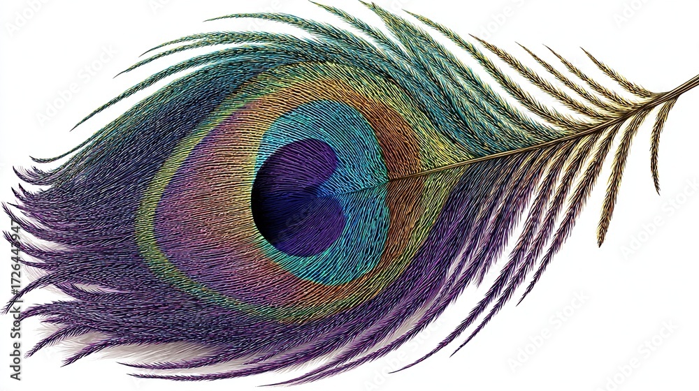 Obraz premium A single iridescent peacock feather, showcasing vibrant teal, purple, gold, and brown hues in its eye, against a stark white background. The feather's shaft extends gracefully to the right