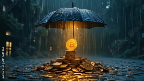 Wallpaper Mural The metaphor of financial security, an umbrella, protects a pile of coins in a heavy rain scene. 4k video Torontodigital.ca