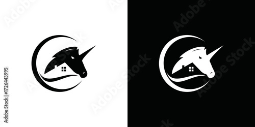 simple horse head and house vector logo