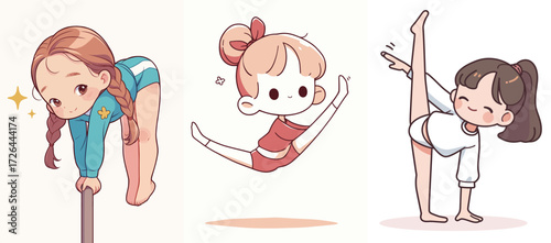 Three young girls show their gymnastics skills with playful poses. One balances on a beam, another performs a jump, and the third showcases flexibility in a graceful pose.