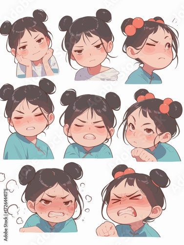 A young girl showcases a range of emotions, from sadness and frustration to anger and determination. Each expression captures her feelings vividly in a colorful illustration.