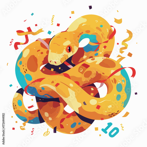 A bright yellow snake is coiled around itself, surrounded by colorful confetti and ribbons, creating a festive feeling. This design captures a celebratory moment.