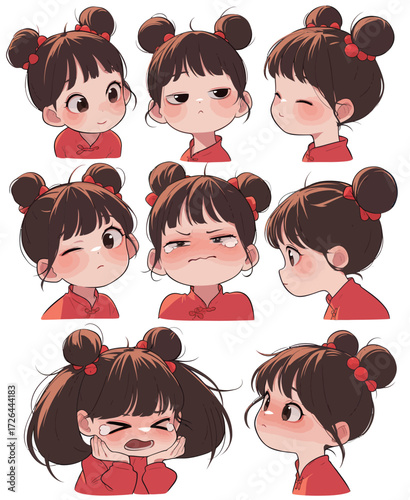 A young girl showcases a range of emotions, from happiness to frustration, with her cute hairstyles. She wears red clothing, highlighting her playful character.