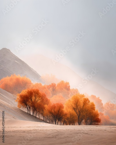 cinematic surreal desert mirage showing glowing autumn forests within sandstorms