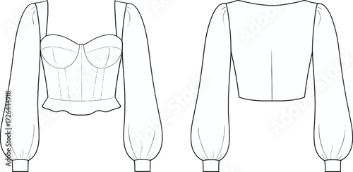 Blouse fashion sketch, sweetheart neckline, peplum hem, voluminous sleeves, princess seams, technical garment drawing, front and back view, fitted bodice, apparel illustration, cuff detail